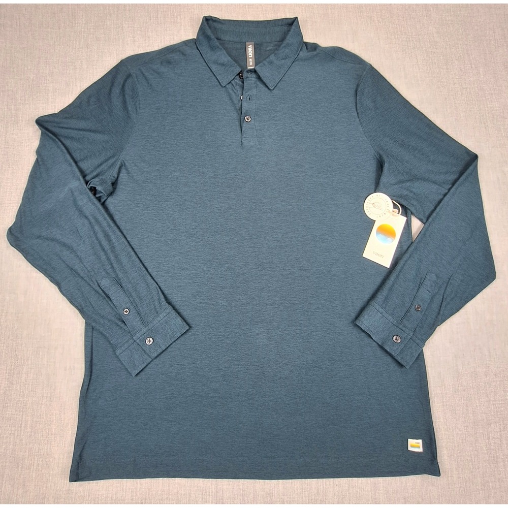 Vuori Mens Long Sleeve Polo Shirt XL Teal Blue Heather Performance Stretch NWT